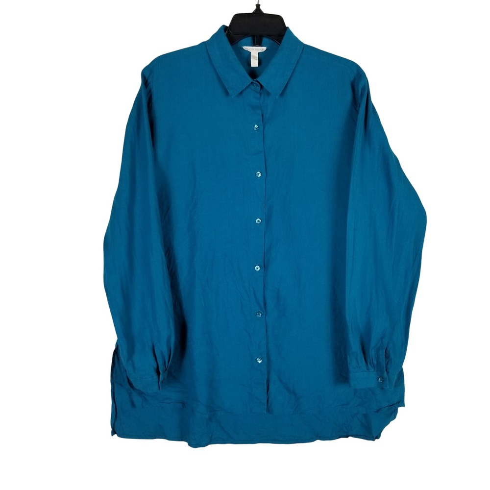 Eileen Fisher Button Down Women Small Teal Organic Linen High Low Tunic Shirt